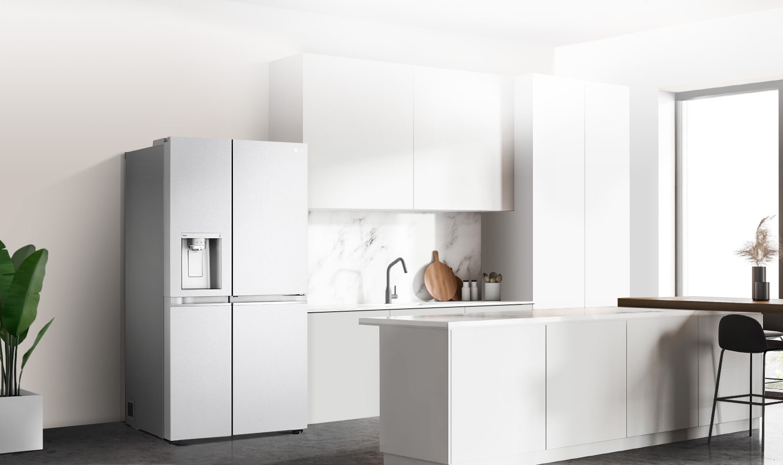 A side view of a kitchen with a black InstaView refrigerator installed.