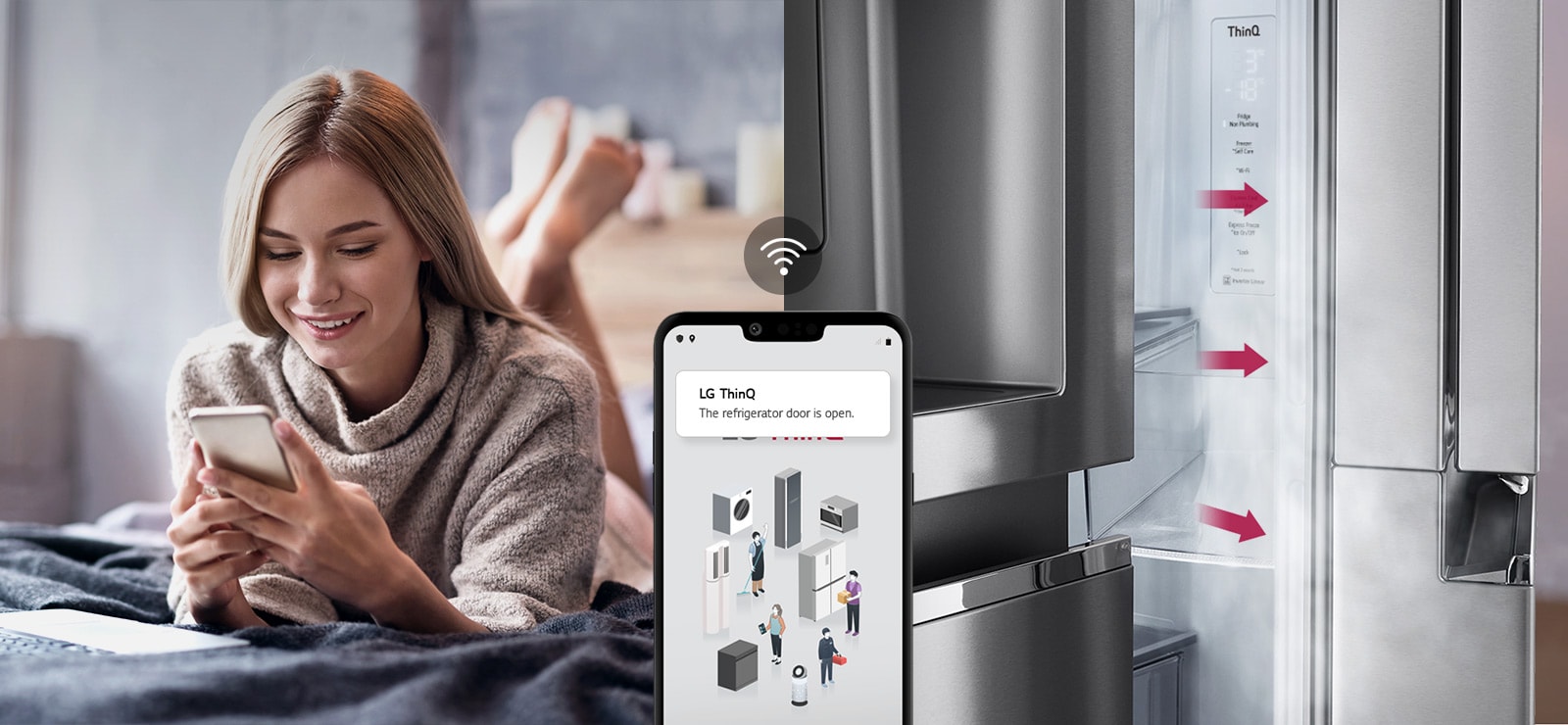 A woman lounges on a bed looking at her phone screen on one image. The second image shows that the refrigerator door has been left open. In the foreground of the two images is the phone screen which shows the LG ThinQ app notifications and the Wifi icon above the phone.