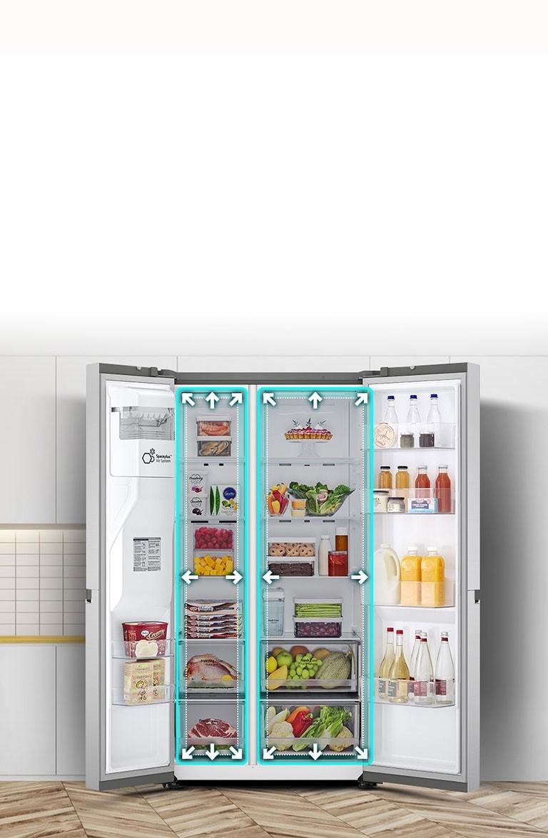 A video begins with the front view of the refrigerator with both doors wide open.  