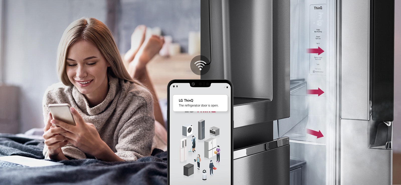 A woman lounges on a bed looking at her phone screen on one image. The second image shows that the refrigerator door has been left open. In the foreground of the two images is the phone screen which shows the LG ThinQ app notifications and the Wifi icon above the phone.