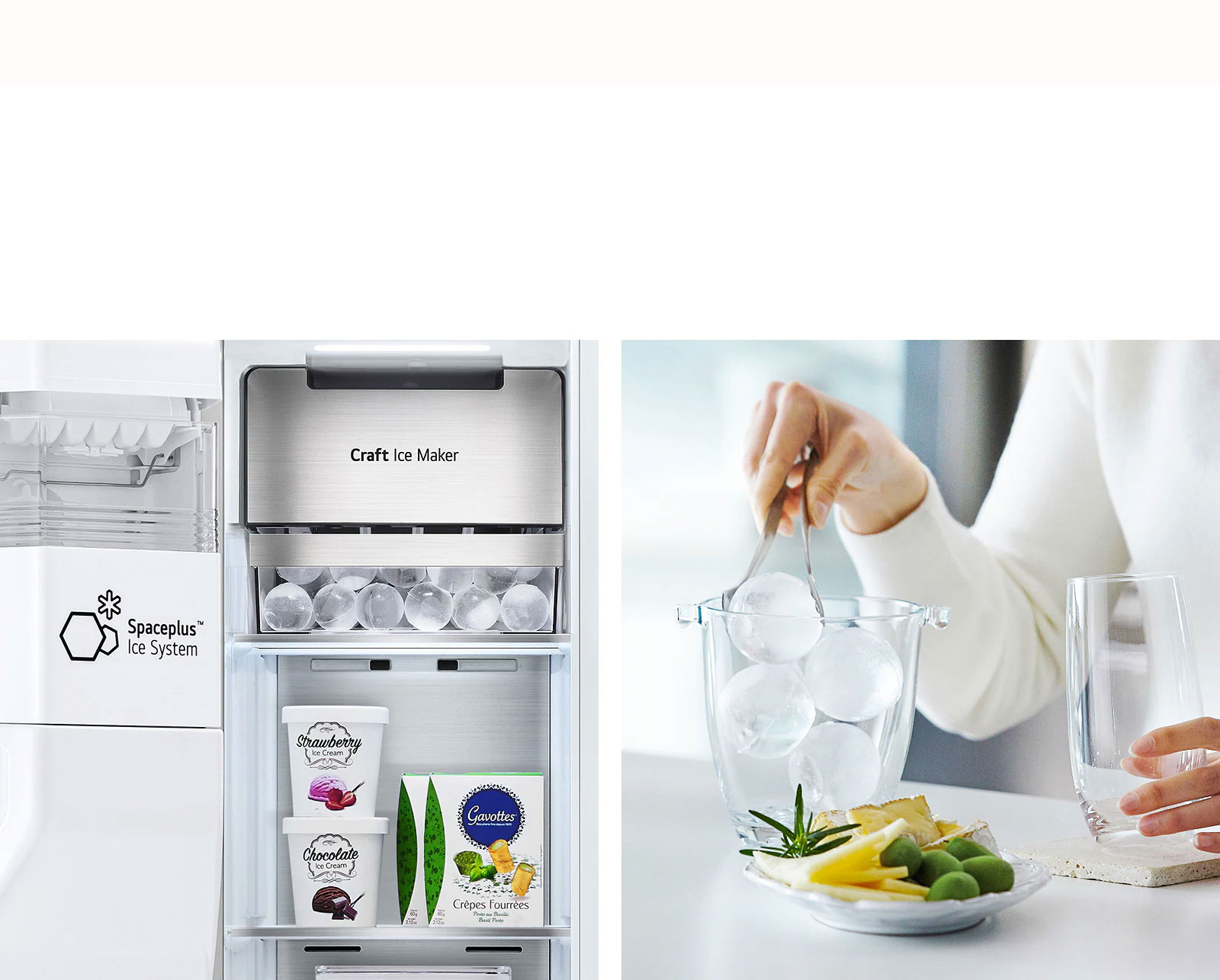 Two images are side by side. The left image shows the interior of the freezer. 