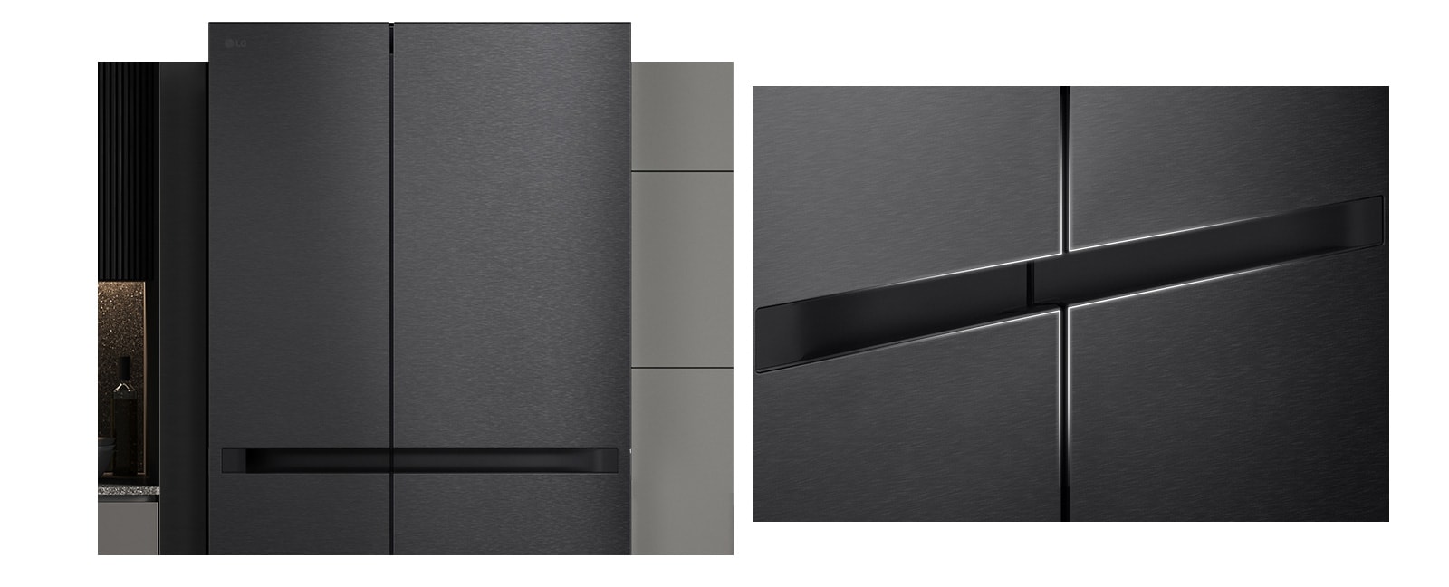 The refrigerator with a black and luxurious kitchen interior was installed in the kitchen to express the total product design.