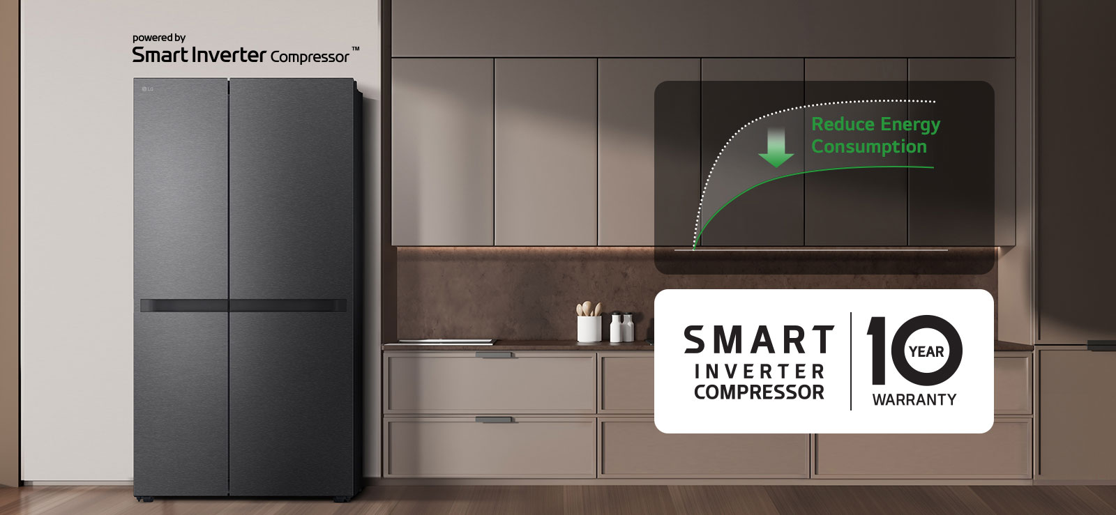 The refrigerator is installed in the kitchen wall and there is a graph showing the reduction of energy consumption using the smart inverter compressor.