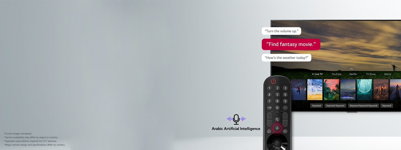 A TV screen displaying fantasy movie posters browsed by a remote control through voice command in Arabic.