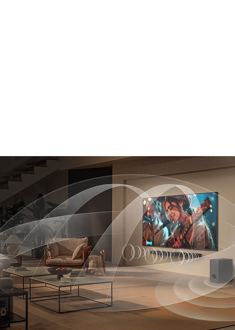 Living room with an LG QNED TV and LG Soundbar with graphics representing how both devices fill the space with multi-surround sound.