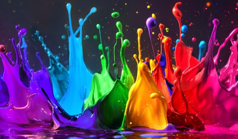 Splashes of paint burst from the floor up in diverse colors.