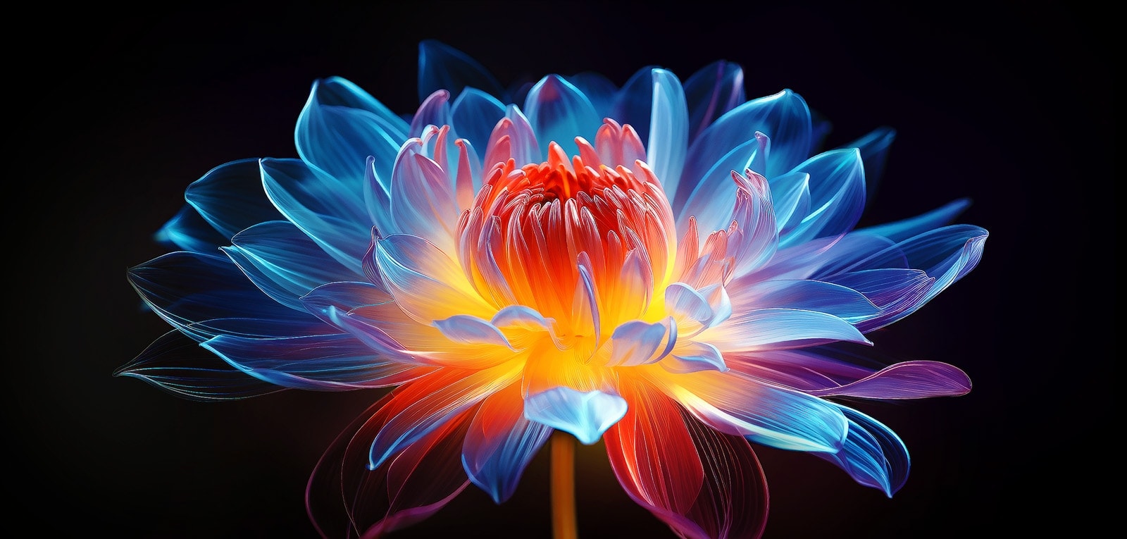 3D holographic flower in many different shades and hues against a black background. The definition and detail of the flower shows off QNED MiniLED's capability to produce visuals with exceptional color, brightness, and contrast.