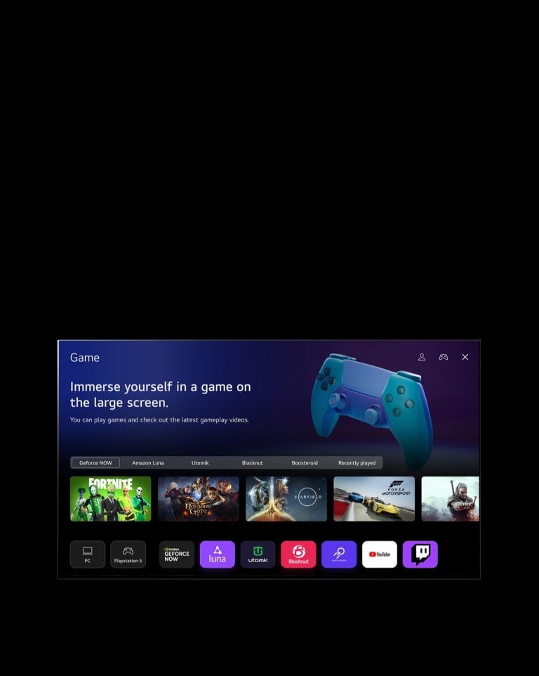 A cursor clicks on Sports and the screen fades into a Sports homepage with the text "Register your favorite team/player for more information about league standing, game schedules or any other updates," and "Popular league list." Five thumbnails are labeled as Soccer, Basketball, Baseball, Cricket, and Ice Hockey. The screen fades back, the cursor clicks on Game, and the screen fades into a Game homepage with the text "Immerse yourself in a game on the large screen. You can play games and check out the latest gameplay videos." The image shows buttons labeled Geforce NOW, Amazon Luna, Utomik, Blacknut, Boosteroid, and Recently played. The following logos are displayed: GeForce Now, Amazon Luna, Utomik, Blacknut, Boosteroid, YouTube, and Twitch.
