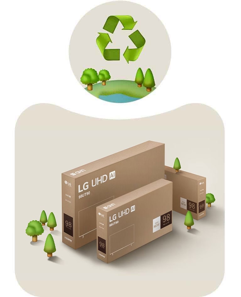 LG UHD packaging against a beige background with illustrated trees.