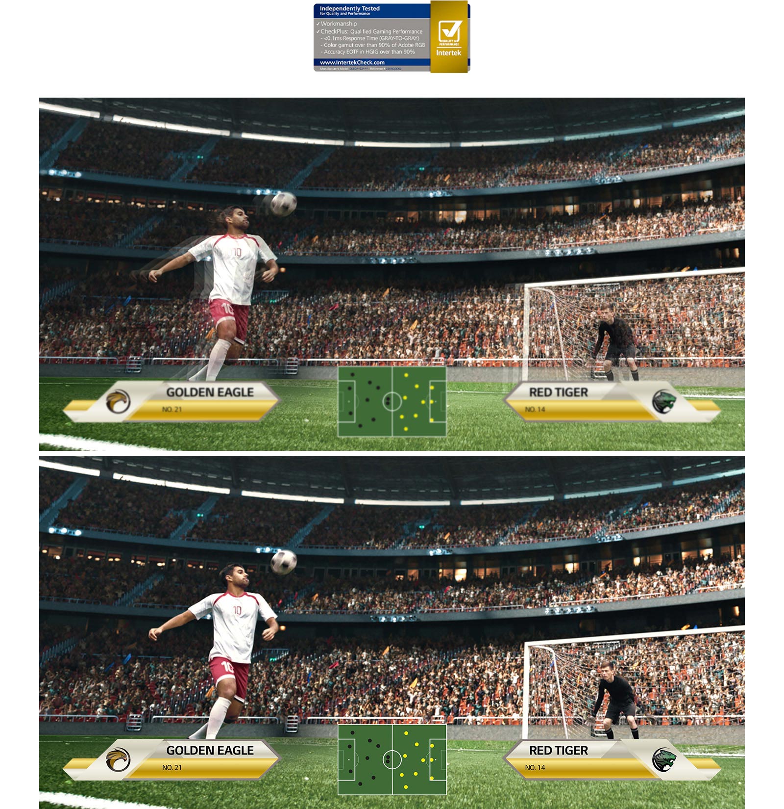 A regular display and fast response time display both show the same image of a soccer game. The display with a 0.1ms response time is noticeably smoother and more realistic.