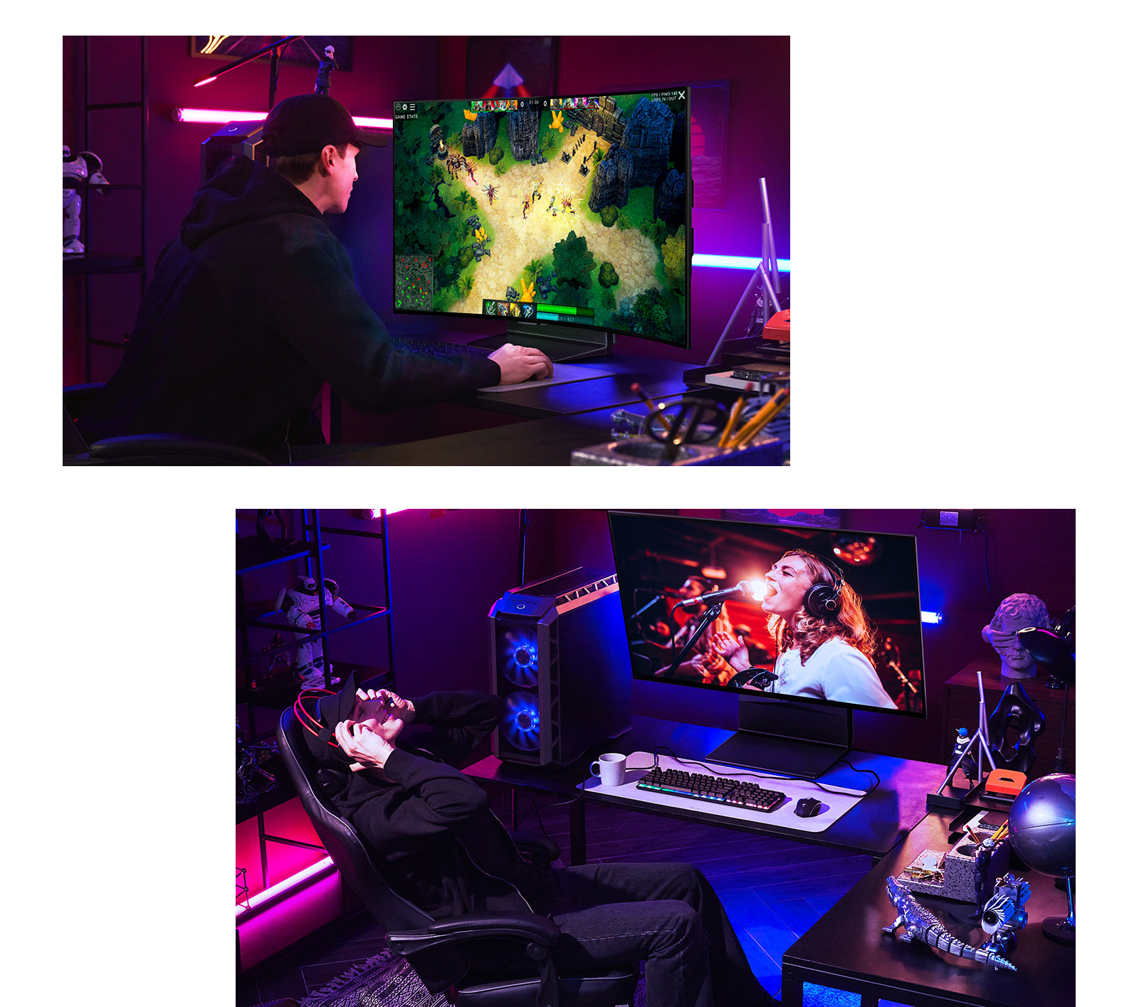 A man who leaning forward while focusing on the game with the screen in an upright position and a man who lying back while watching a music video with the screen tilted towards him.