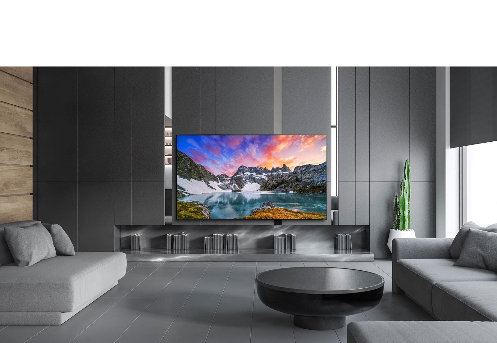 TV showing an eye level view of nature in a luxurious house setting