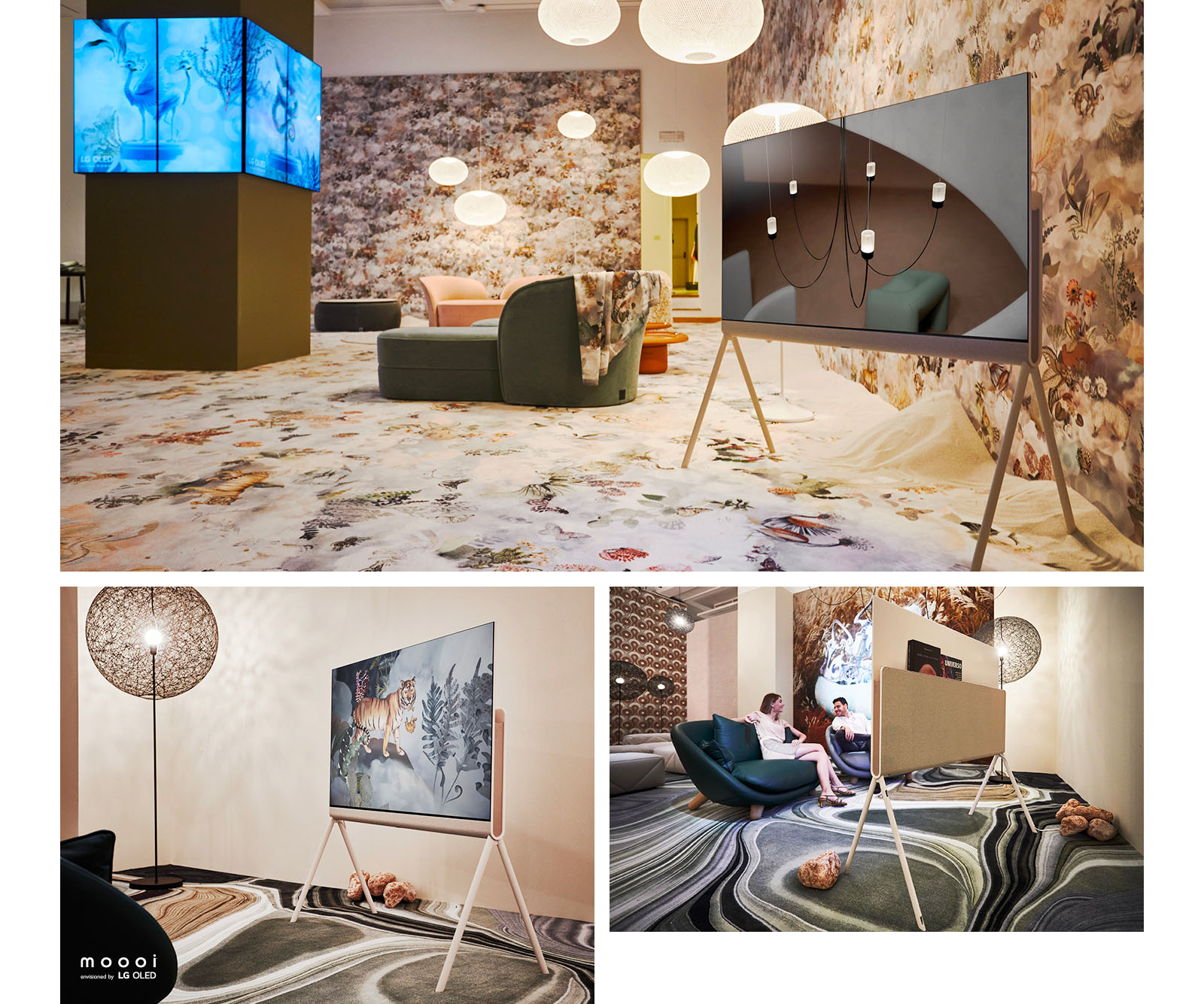 Posé vazut ca parte a colectiei Divine Dreams de la Moooi, cu o imagine a unui interior modern pe ecran si inconjurat de decor care prezinta fluturi si flori care se uita prin nori.  Posé vazut din fata ca parte a colectiei Defy Gravity a lui Moooi, cu o opera de arta a unui tigru pe ecran si deasupra unui covor care imita straturi de piatra.  Poze vazut din spate ca parte a colectiei Moooi Defy Gravity, cu carti cu tematica spatiala tinute in Organizatorul de cabluri si accesorii.  Mooi imaginat de logo-ul LG OLED.