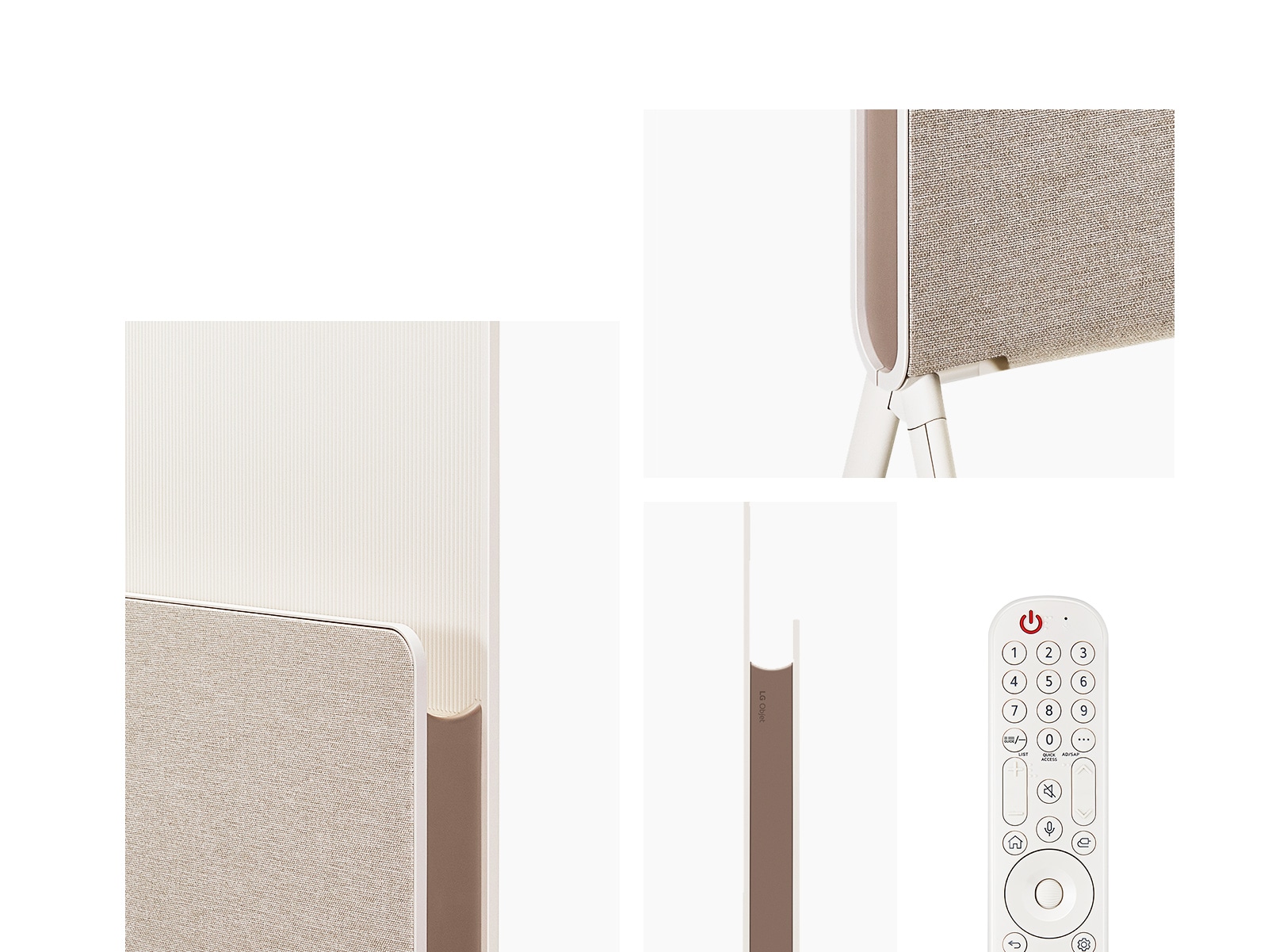 Close-ups of Posé from the back at an angle, and from the side. Partial view of Magic Remote in Beige.