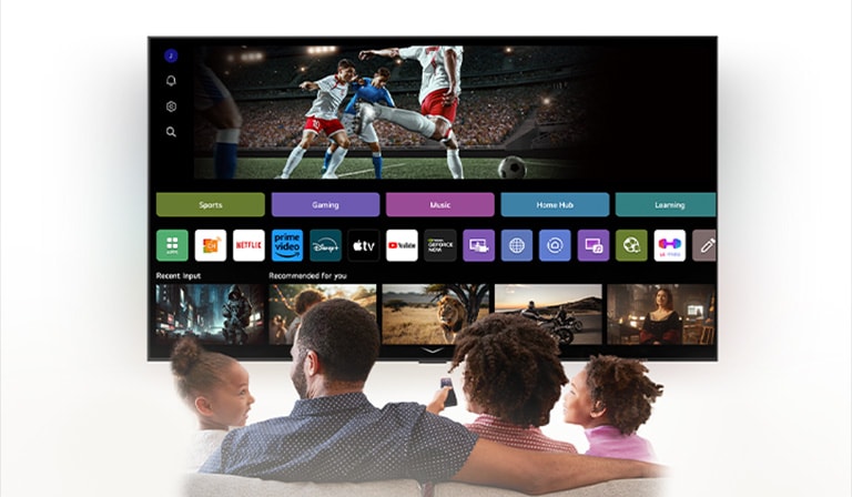 Family of four is gathered around an LG AI TV. A circle appears around the person holding the remote showing their name. This showcases how AI Voice ID recognizes each user's voice signature. The webOS interface then shows how the AI automatically switches the account and recommends personalized content.