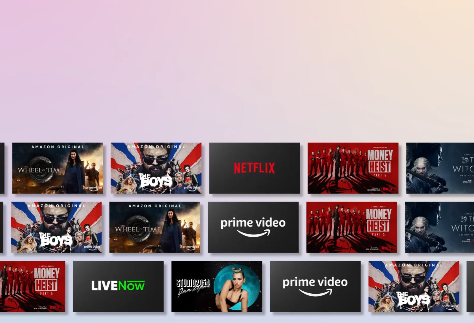 Rows of OTT content side-scrolls while displaying the OTT provider logo and the thumbnails of content offered.