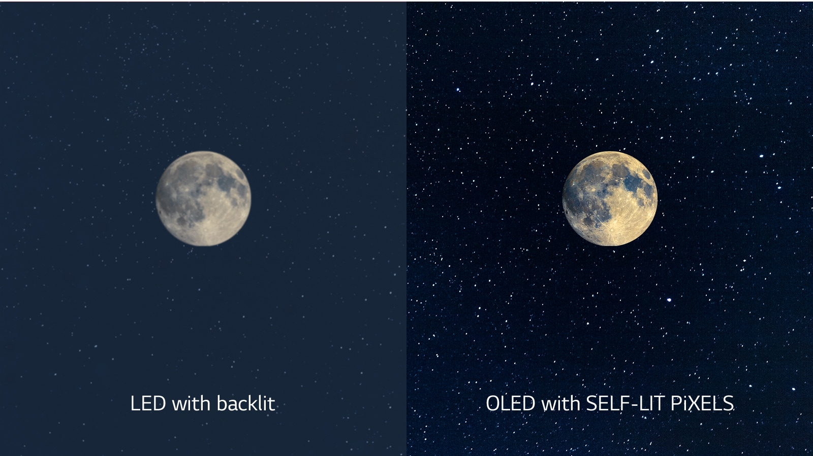 A scene of the moon, LED on the left side with unclear black and OLED on the right with perfect black(play the video)