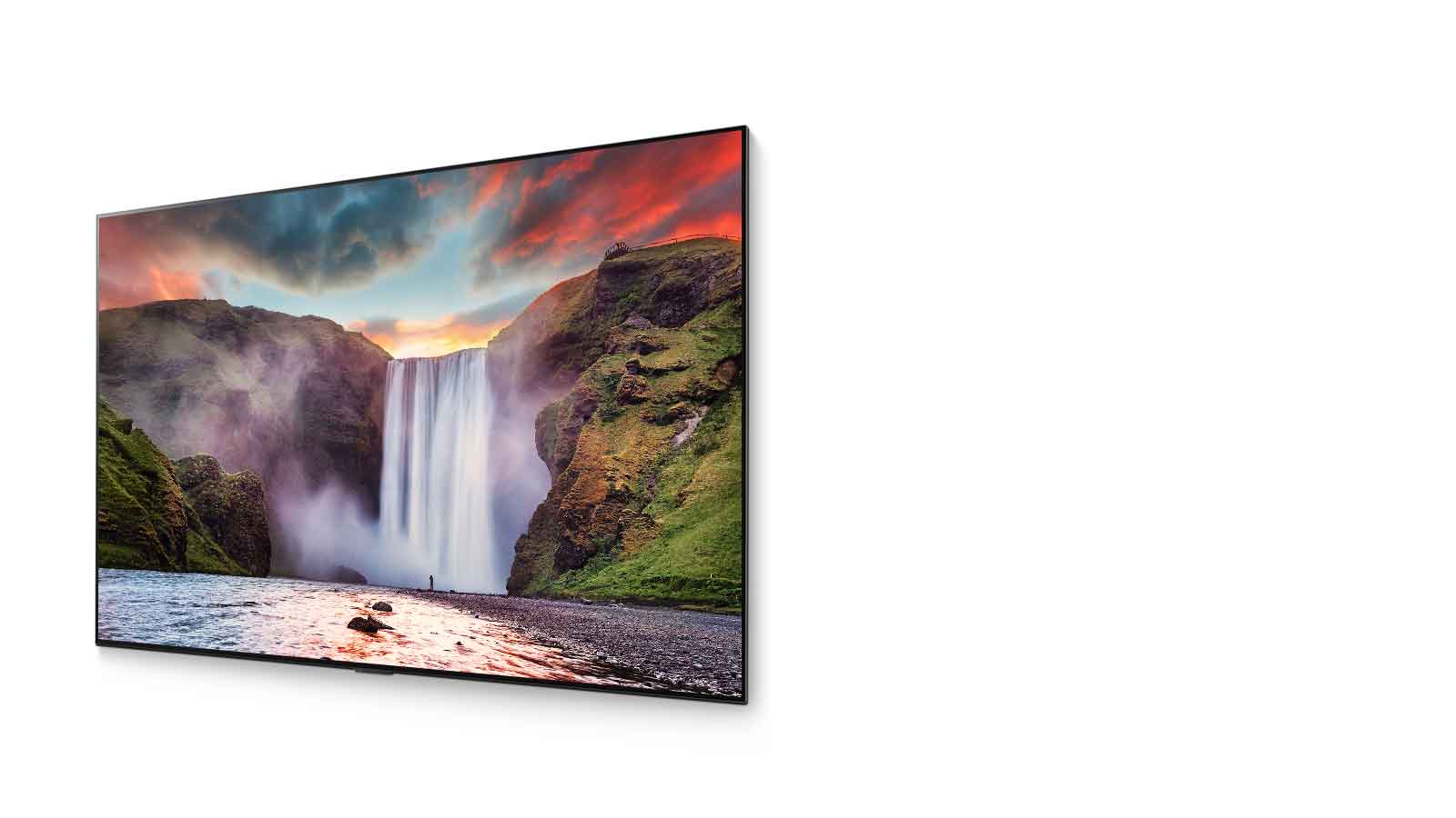 A spectacular waterfall with beautiful scenery displayed on an OLED TV(play the video)