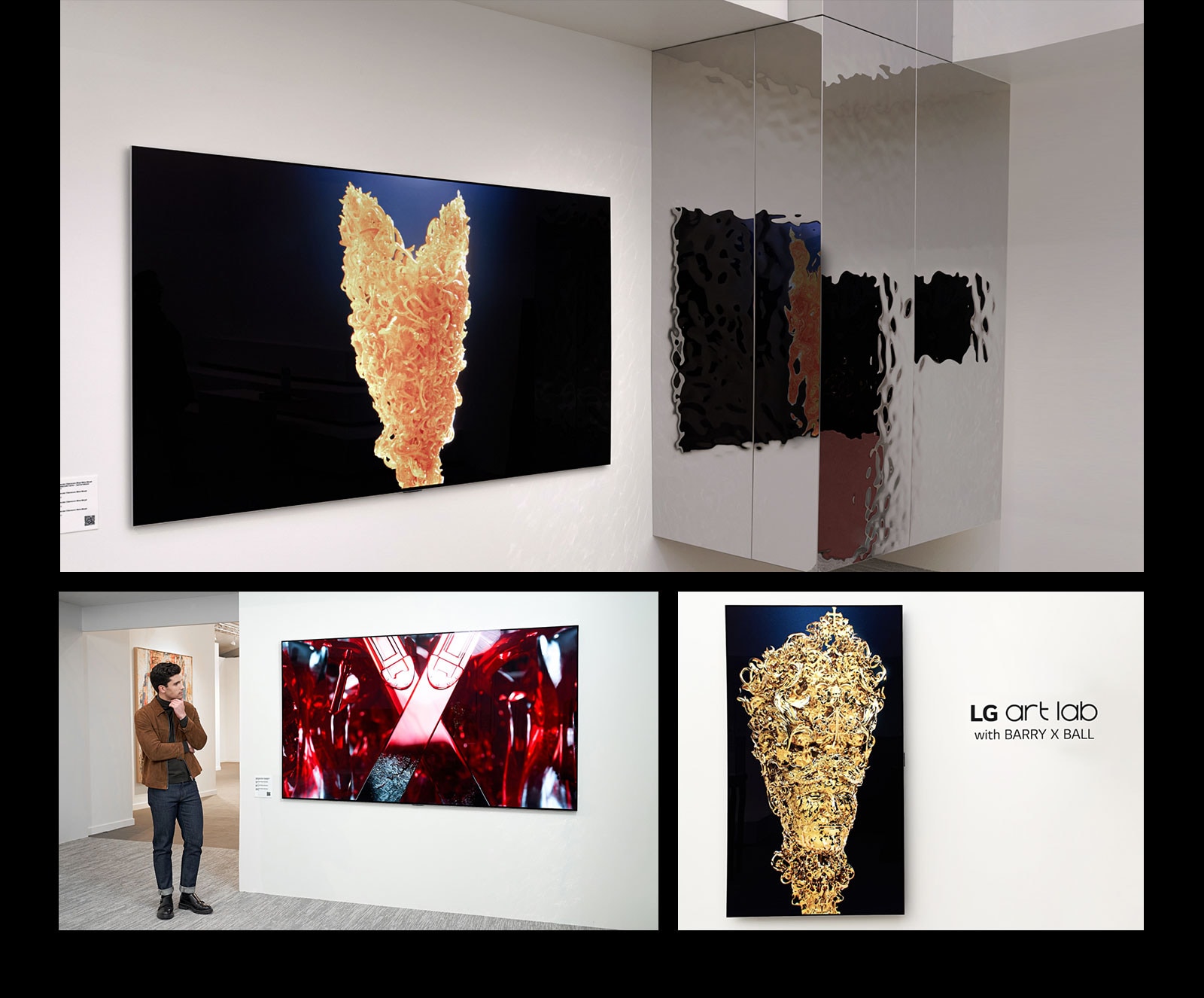 The top image shows an LG OLED in a white room with a picture of a gold sculpture playing on the screen. At its side is a physical silver sculpture with a unique textured pattern reflecting what's playing on the TV. 	  The bottom right image shows an LG OLED on a wall at a vertical alignment shows a gold sculpture resembling a person. The phrase "LG art lab with Barry X Ball" is overlayed on the image on the right-hand side of the TV. The bottom left images shows a man in an art gallery looking at a red and black digital artwork of a sculpture on an LG OLED.