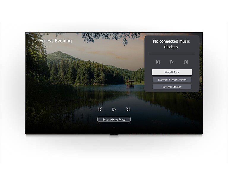 LG OLED evo AI G6’s LG Gallery+ with BGM and Music Lounge shows the “Forest Evening” forest lake scene on screen, with a visible music lounge UI panel for mood music, Bluetooth playback, and controls.