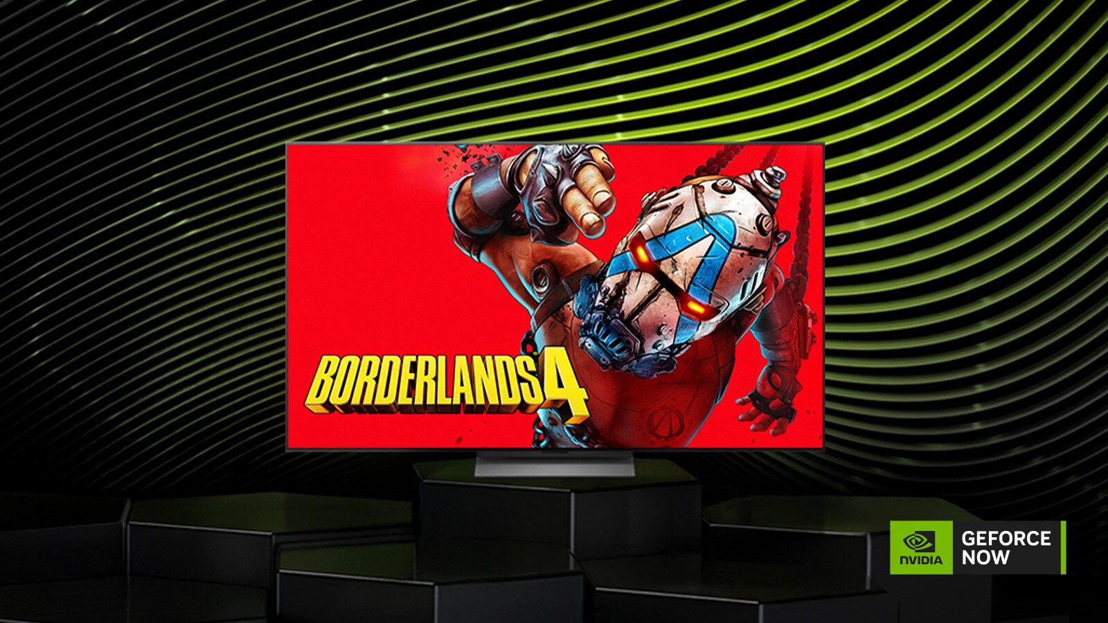 LG OLED evo AI G6 with NVIDIA GeForce NOW displays Borderlands 4 on screen alongside a GeForce NOW logo, presenting cloud gaming access within the TV interface.