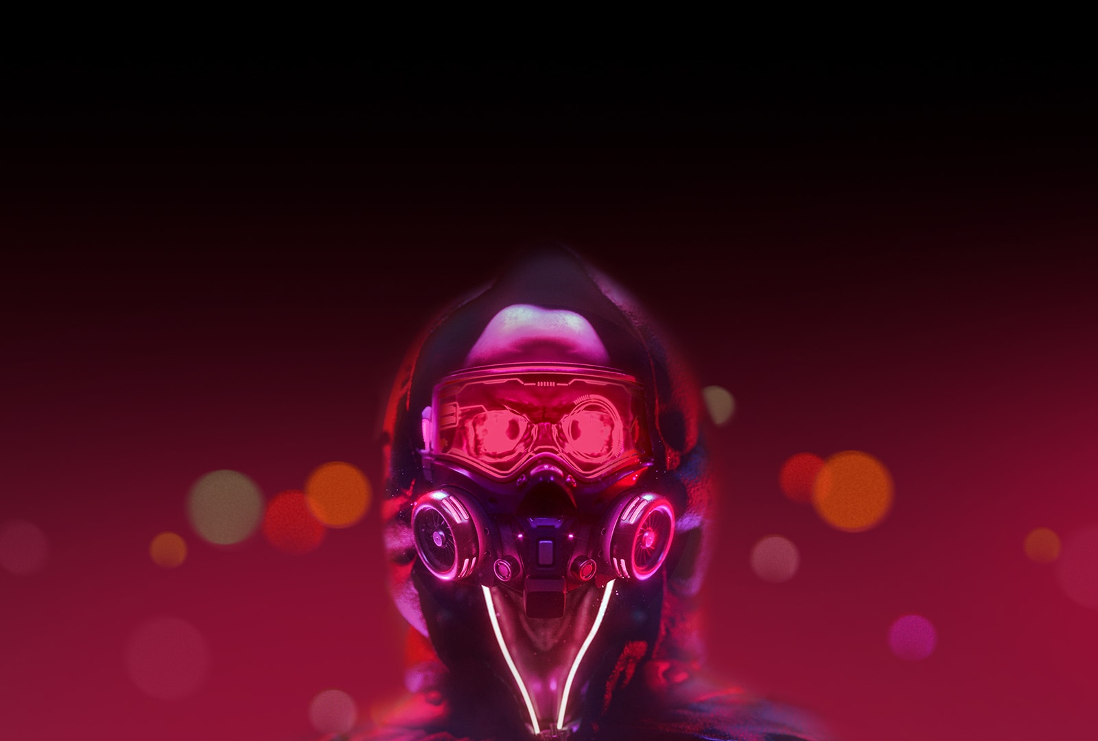 An image of a robot in red lighting. It blinks eyes slowly.