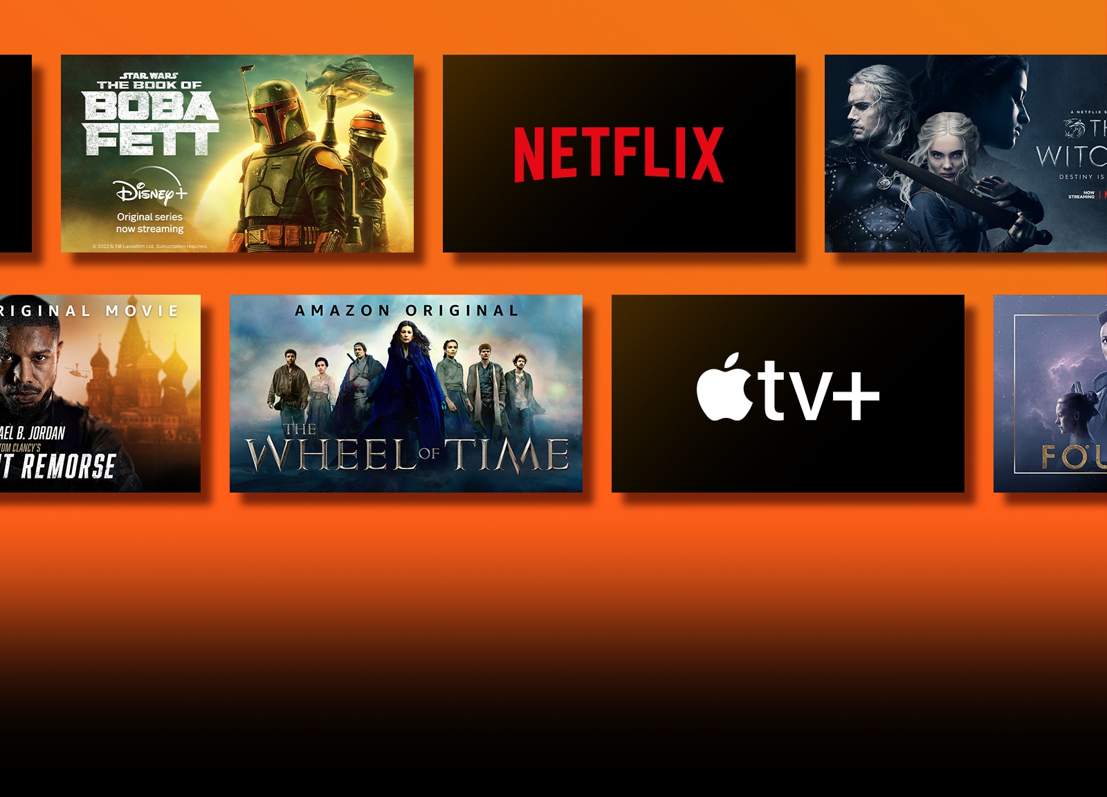 There are logos of streaming service platforms and matching footages right next to each logo. Netflix logo and money heist and the Witcher. Prime Video logo and Without Remorse and The Wheel of Time. Livenow logo and mamamoo teaser image and OneUs teaser image. Apple TV plus logo and Foundation and Finch.