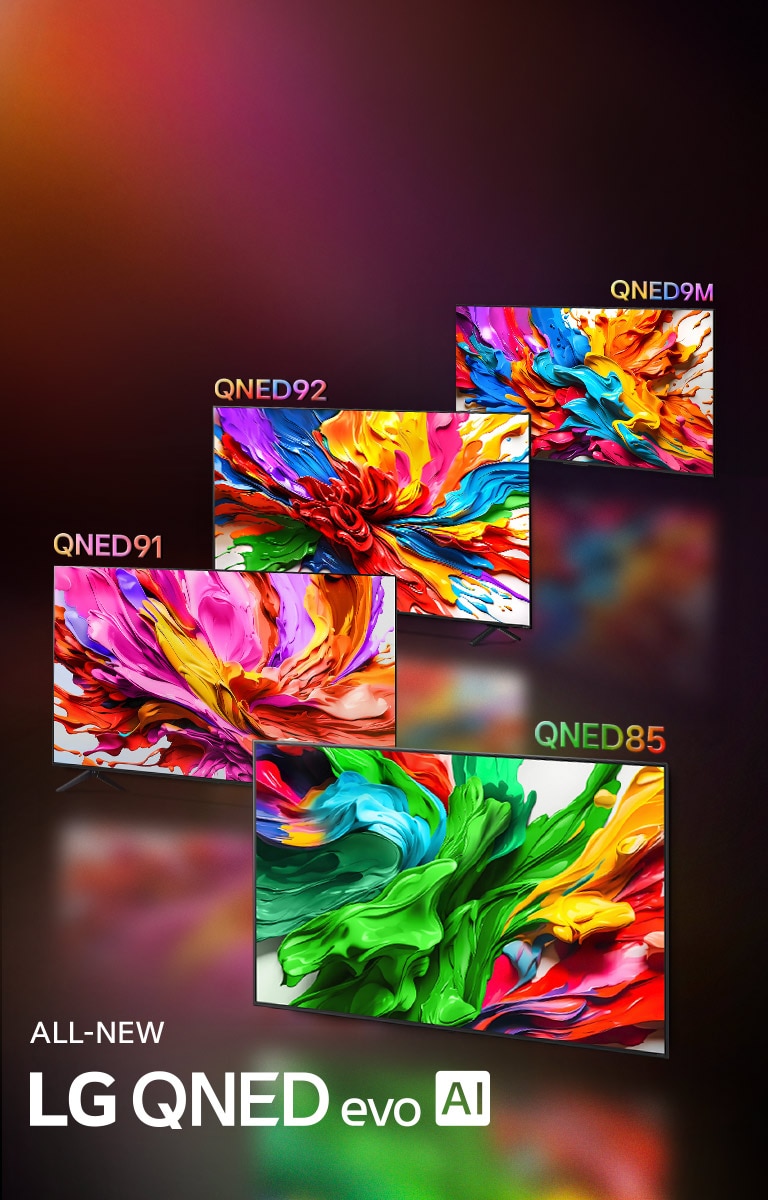 LG TVs with colorful artwork that highlight the new vivid and vibrant color reproduction technology of LG QNED are on their screens. ALL NEW LG QNED evo AI logo is also present.