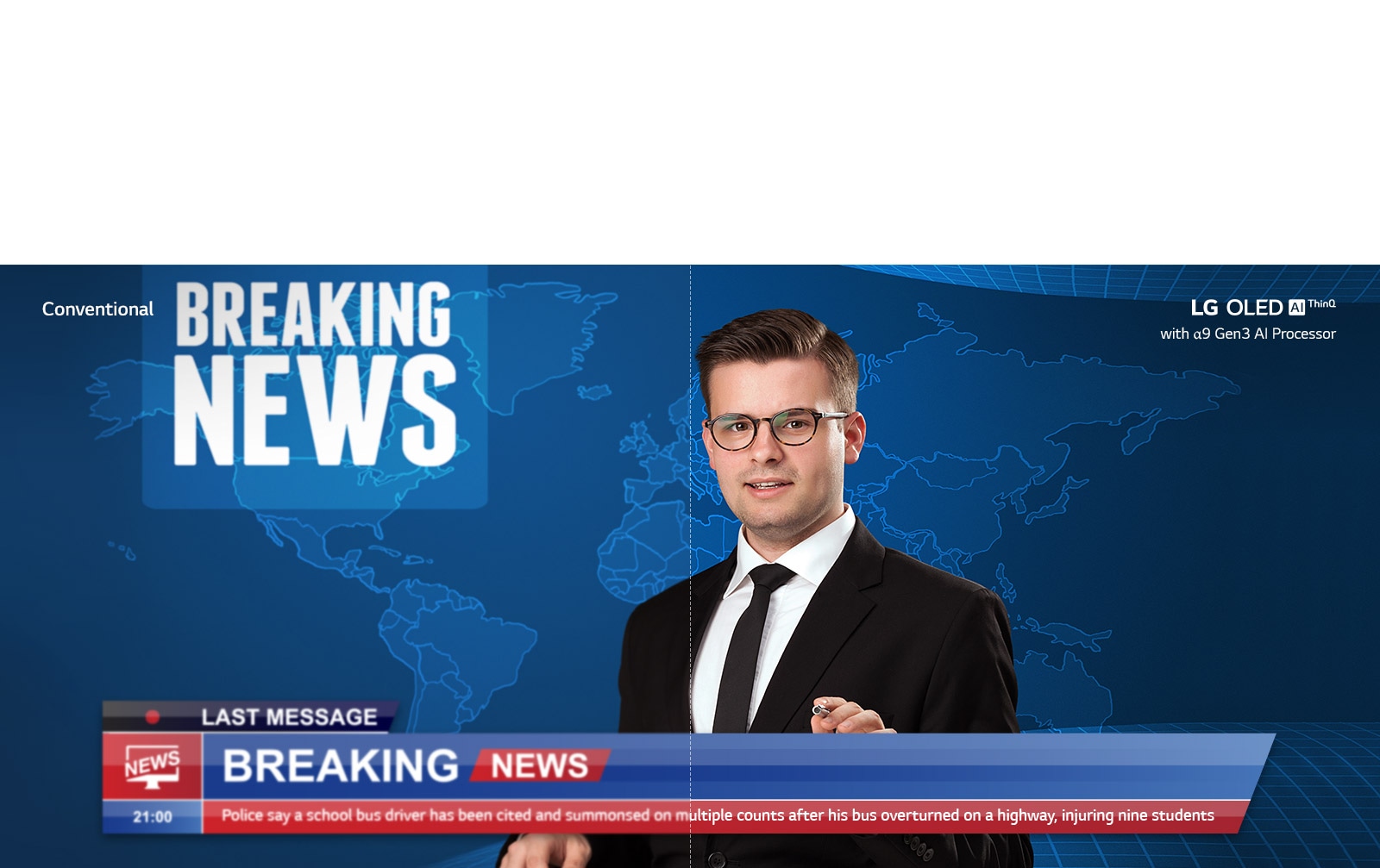 Slider comparison of picture quality of an anchor delivering breaking news with background of world map