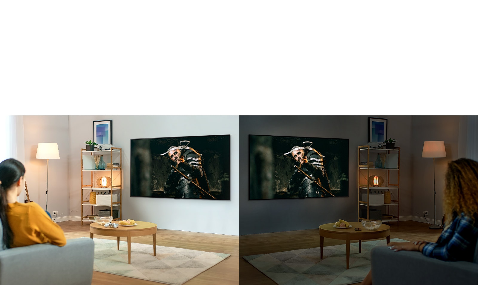 Two women watching the same scene on TV in mirrored living rooms and different brightness conditions