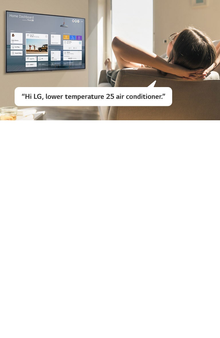 Woman lying on a sofa telling TV to lower the temperature with Home Dashboard on the TV screen