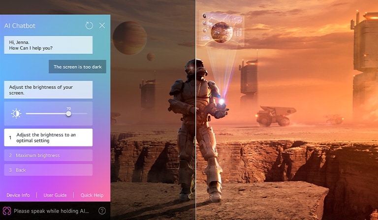 Sci-fi content is playing on an LG OLED TV screen. On the screen is the AI Chatbot interface. The user messaged the chatbot saying that the screen is too dark. The chatbot offered solutions to the request. The whole scene is also split in two. One side is darker, the other side is brighter, showing how AI Chatbot solved the issue for the user automatically.