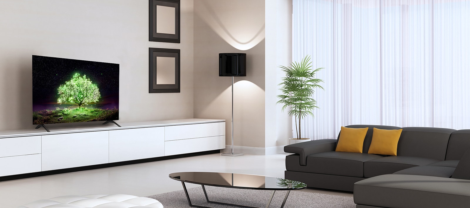 An OLED A1 TV placed in a sensuous living room. On the TV, you can see an image of a brightly glowing green tree.