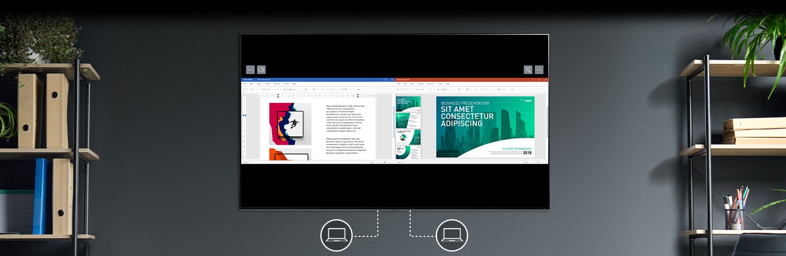 Three functions of multi-view are rolled and shown. Side by Side has a camera pictogram below and shows two screens making a video call. Picture in Picture has a camera pictogram below and I can see myself copying the exercise video. Finally, Dual Monitor shows a pictogram image and two document screens associated with the computer.