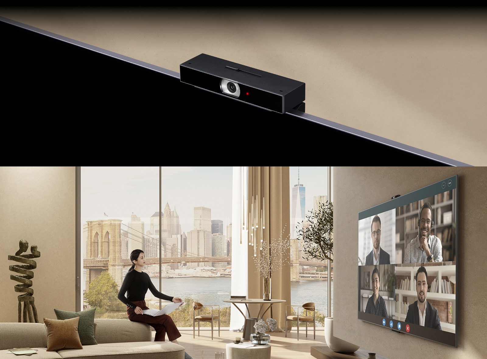 The first image depicts a close-up view of an LG Smart Cam installed on a LG 65QNED756RB TV in a beige-colored space. In the second image, a woman is seen sitting on the armrest of a sofa while holding a laptop and watching TV. On the large screen of the TV, there are four characters and a video conference visible.