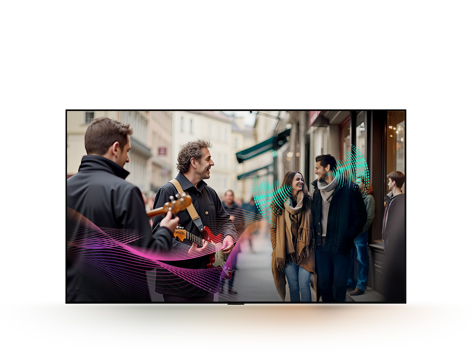 A busy street filled with people. A couple is walking having a conversation. A couple of street performers are playing guitar. Abstract soundwaves are coming from the guitar players and the couple representing how every sound element can be heard clearly with AI Object Remastering.