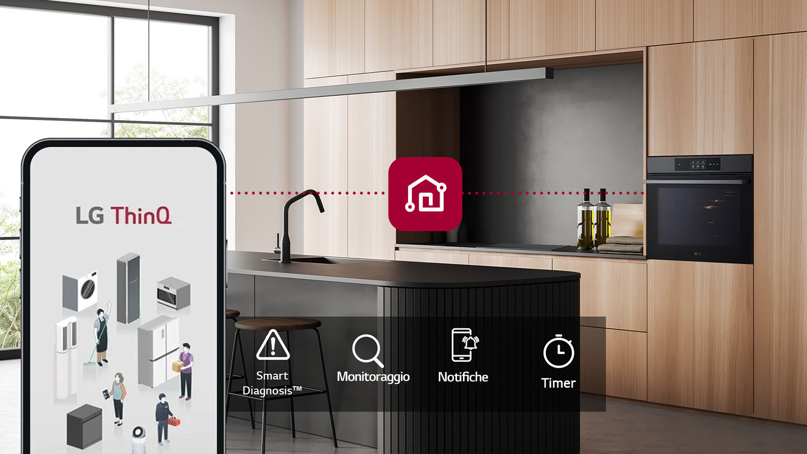 Immagine di un forno e di uno smartphone collegati tramite l'app ThinQ. 