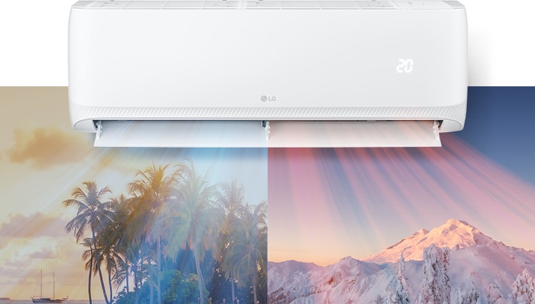 The air conditioner is operating on the wall in the living room with big window.