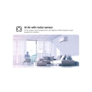 LG DUALCOOL AI 1.5 Ton Split Air Conditioner with Dual Inverter, Dual Vane, Soft Air , Ionizer , and Energy Saving&nbsp;, Illustration of LG AI Air technology in a living room with a wall-mounted air conditioner. The system adjusts airflow by sensing room temperature and user location. The accompanying text reads: 'AI Ai, AIR-19T4W, thumbnail 3