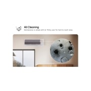 LG DUALCOOL AI 1.5 Ton Split Air Conditioner with Dual Inverter, Dual Vane, Soft Air , Ionizer , and Energy Saving&nbsp;, Image showcasing LG air conditioner's All Cleaning feature. The visual highlights the internal cleaning process, with a close-up showing dirt and germs being removed. The text reads: 'All Cleaning. Ma, AIR-19T4W, thumbnail 6