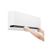 LG DUALCOOL AI 2 Ton Split Air Conditioner with Dual Inverter, Dual Vane, Soft Air , Ionizer , and Energy Saving&nbsp;, Hands opening the lower vane of an LG air conditioner for cleaning or maintenance, AIR-26T4W, thumbnail 14