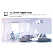 LG DUALCOOL AI 2 Ton Split Air Conditioner with Dual Inverter, Dual Vane, Soft Air , Ionizer , and Energy Saving&nbsp;, Illustration of LG AI Air technology in a living room with a wall-mounted air conditioner. The system adjusts airflow by sensing room temperature and user location. The accompanying text reads: 'AI Ai, AIR-26T4W, thumbnail 3