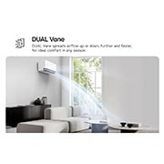 LG DUALCOOL AI 2 Ton Split Air Conditioner with Dual Inverter, Dual Vane, Soft Air , Ionizer , and Energy Saving&nbsp;, LG Dual Vane air conditioner shown in a living room. Cool air flows upward on the left. The accompanying text reads: 'DUAL Vane spreads airflow up or down, further and faster, for ideal comfort in any, AIR-26T4W, thumbnail 4