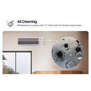 LG DUALCOOL AI 2 Ton Split Air Conditioner with Dual Inverter, Dual Vane, Soft Air , Ionizer , and Energy Saving&nbsp;, Image showcasing LG air conditioner's All Cleaning feature. The visual highlights the internal cleaning process, with a close-up showing dirt and germs being removed. The text reads: 'All Cleaning. Ma, AIR-26T4W, thumbnail 6