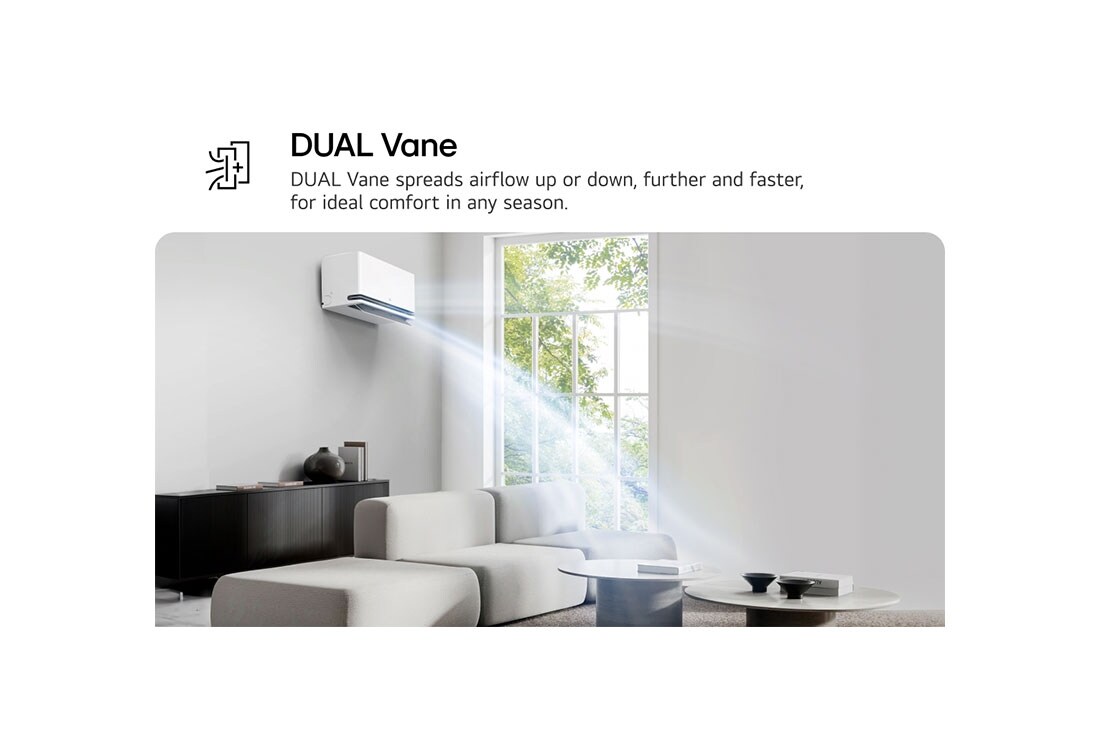 LG DUALCOOL AI 2 Ton Split Air Conditioner with Dual Inverter, Dual Vane, Soft Air , Ionizer , and Energy Saving&nbsp;, LG Dual Vane air conditioner shown in a living room. Cool air flows upward on the left. The accompanying text reads: 'DUAL Vane spreads airflow up or down, further and faster, for ideal comfort in any, AIR-26T4W, thumbnail 4