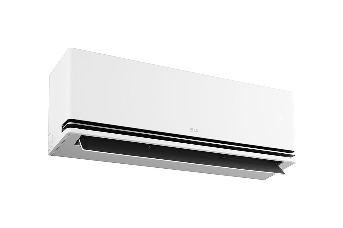 LG DUALCOOL AI 2 Ton Split Air Conditioner with Dual Inverter, Dual Vane, Soft Air , Ionizer , and Energy Saving&nbsp;, Left low-angle front view of LG ai air conditioner with open lower vane, AIR-26T4W, thumbnail 11