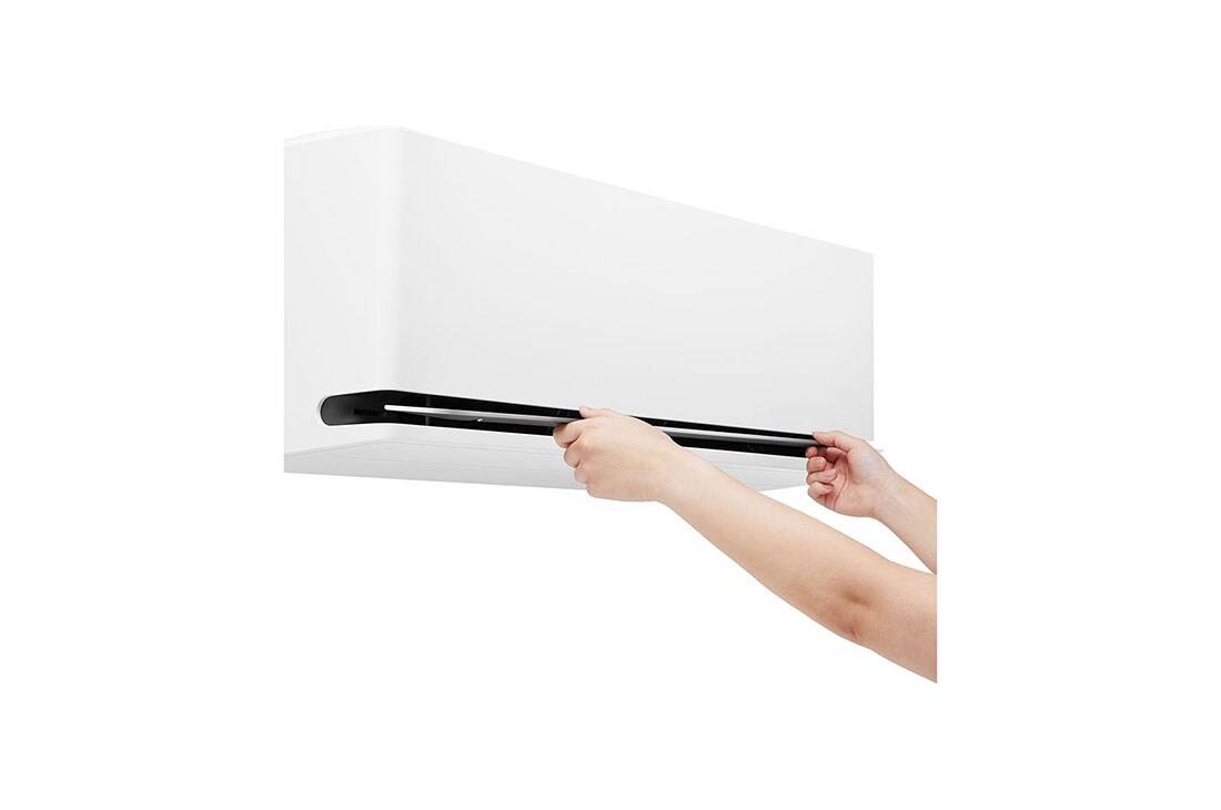 LG DUALCOOL AI 2 Ton Split Air Conditioner with Dual Inverter, Dual Vane, Soft Air , Ionizer , and Energy Saving&nbsp;, Hands opening the lower vane of an LG air conditioner for cleaning or maintenance, AIR-26T4W, thumbnail 14