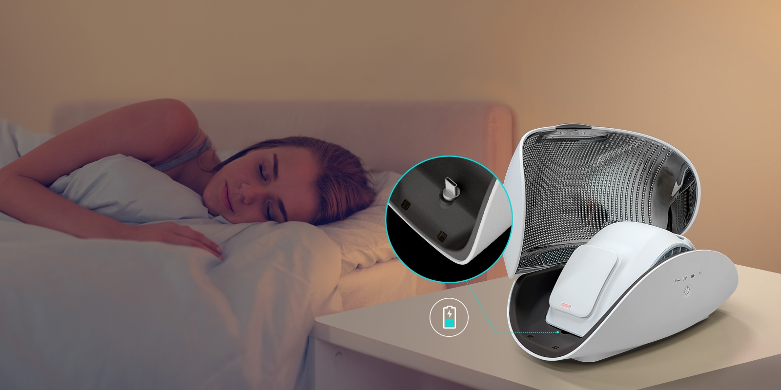 A women sleeps on a bed in the background. A drained battery icon is near her. 