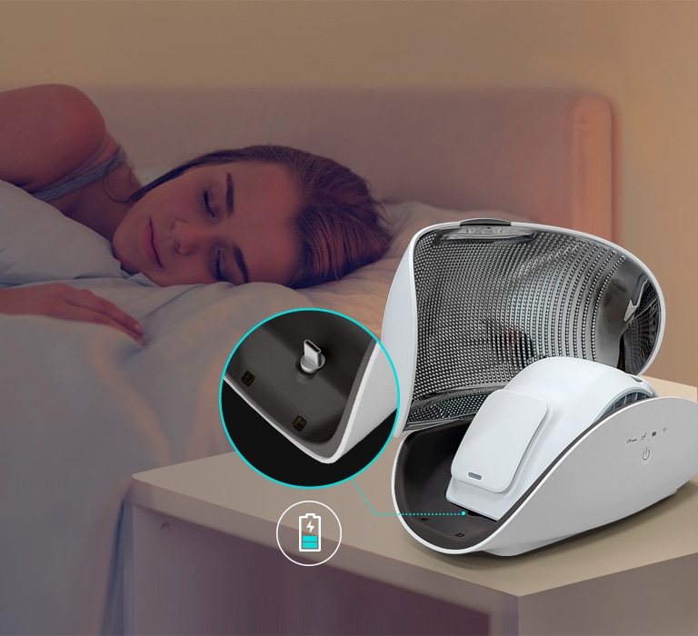 A women sleeps on a bed in the background. A drained battery icon is near her. 