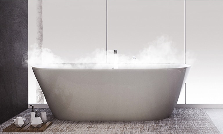 An image that shows a living room, a bathroom, a boiler room, and exterior of the house in one shot.